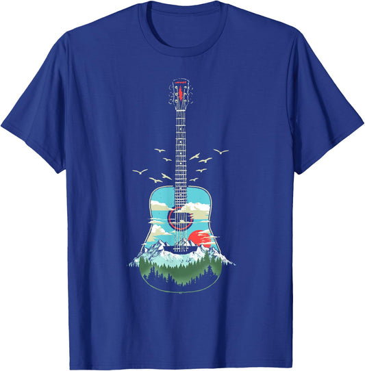 Beautiful Acoustic Guitar Mountains Forest & Nature Graphic T-Shirt - T-Shirt | Royal