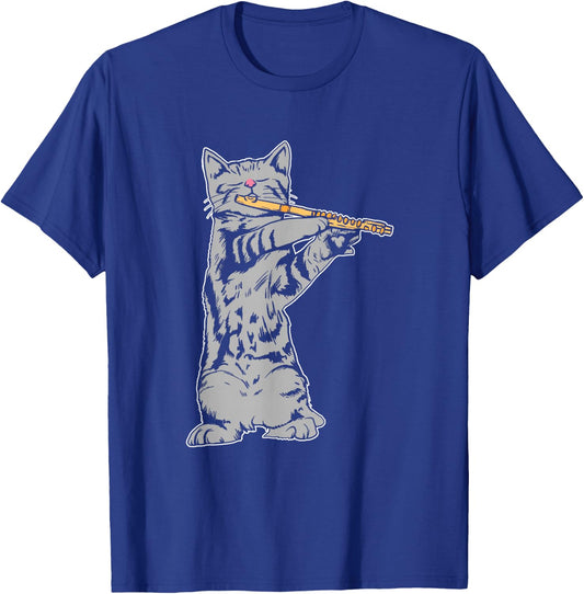 Cat Playing Flute Cool Musician Marching Band T-Shirt - T-Shirt | Royal