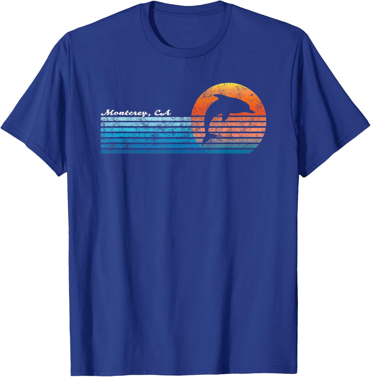 Vintage Monterey, CA Retro 80s Dolphin Sunset T-Shirt - T-Shirt | Royal