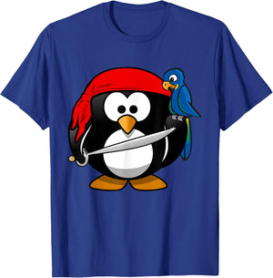 Cute Pirate Cartoon Penguin with Parrot T-Shirt - T-Shirt | Royal