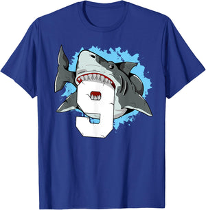 Shark 9th Birthday Boy 9 Nine Shark Theme Party T-Shirt - T-Shirt | Royal