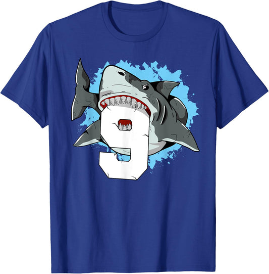 Shark 9th Birthday Boy 9 Nine Shark Theme Party T-Shirt - T-Shirt | Royal
