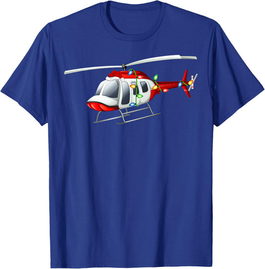 Xmas Lights Santa Hat Helicopter Christmas T-Shirt - T-Shirt | Royal