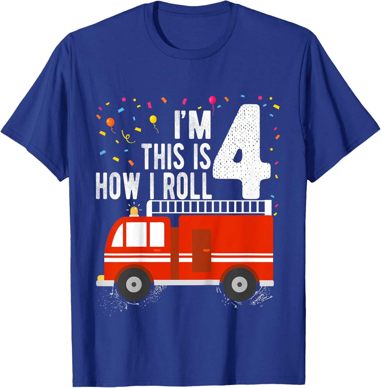 Kids Fire Truck 4th Birthday Boy 4 Year Old Firefighter T-Shirt - T-Shirt | Royal