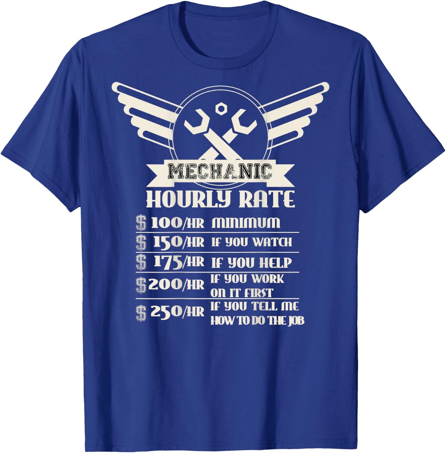 Backside Funny Mechanic Hourly Rate Distressed Design Shirt T-Shirt - T-Shirt | Royal