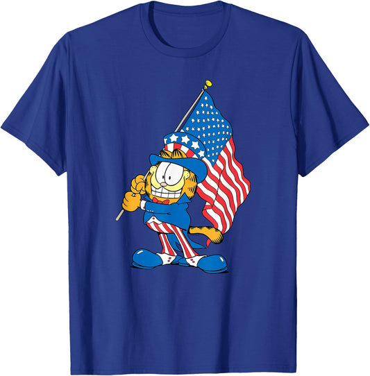 Garfield Holding USA Flag Uncle Sam 4th of July Cartoon Cat T-Shirt - T-Shirt | Royal