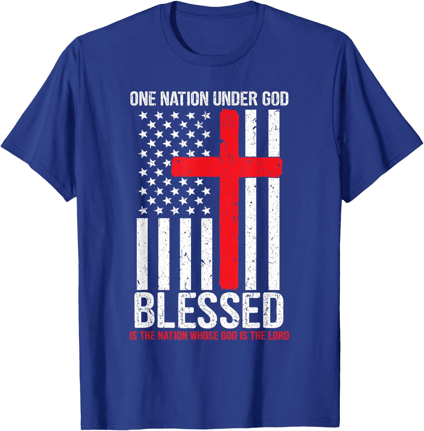 One Nation Under God Blessed American Flag Christian Cross T-Shirt - T-Shirt | Royal