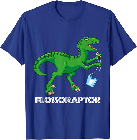 Funny Dentist Flossoraptor Flossing Dinosaur Dental Hygiene T-Shirt - T-Shirt | Royal