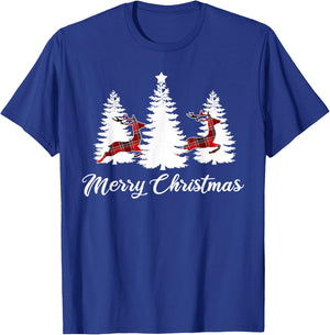 Merry Christmas Shirt Buffalo Plaid Reindeer Tree T-Shirt - T-Shirt | Royal