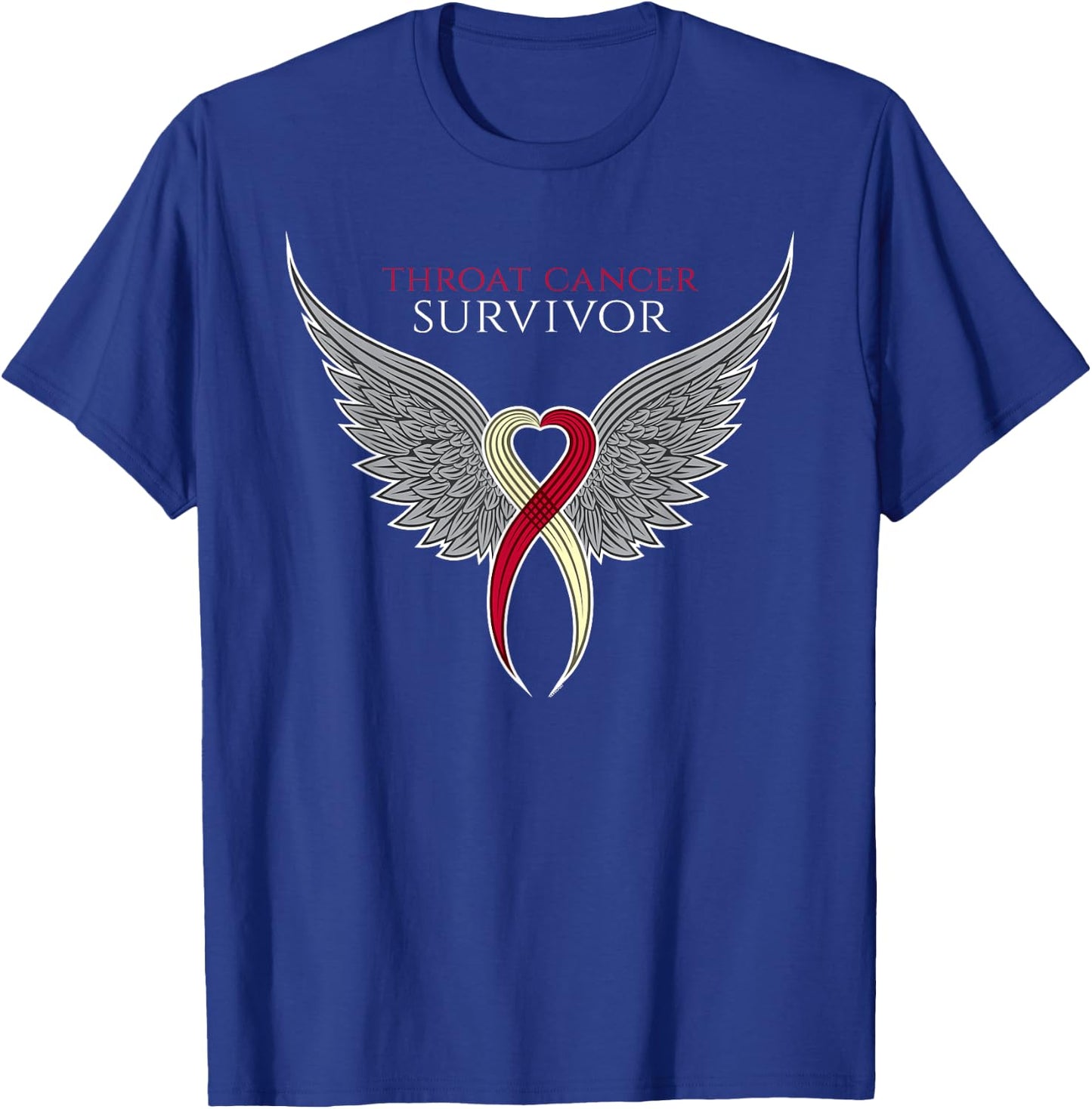Throat Cancer Awareness by Jomadado for Adults, , Black, Short Sleeve, Size 8 (US), Classic Fit, Crew Collar, Modern Motivational, Cancer Awareness, Ribbon with Wings T-Shirt - T-Shirt | Royal