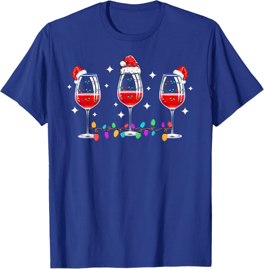Three Glasses of Wine Christmas Lights Santa Hat Xmas Snow T-Shirt - T-Shirt | Royal