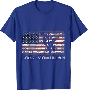 God Bless Our Linemen Cool American Lineman Flag T-Shirt - T-Shirt | Royal