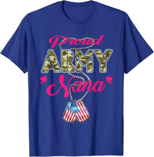 Proud Army Nana US Flag Camo Dog Tags Military Grandmother Men Women T-Shirt - T-Shirt | Royal