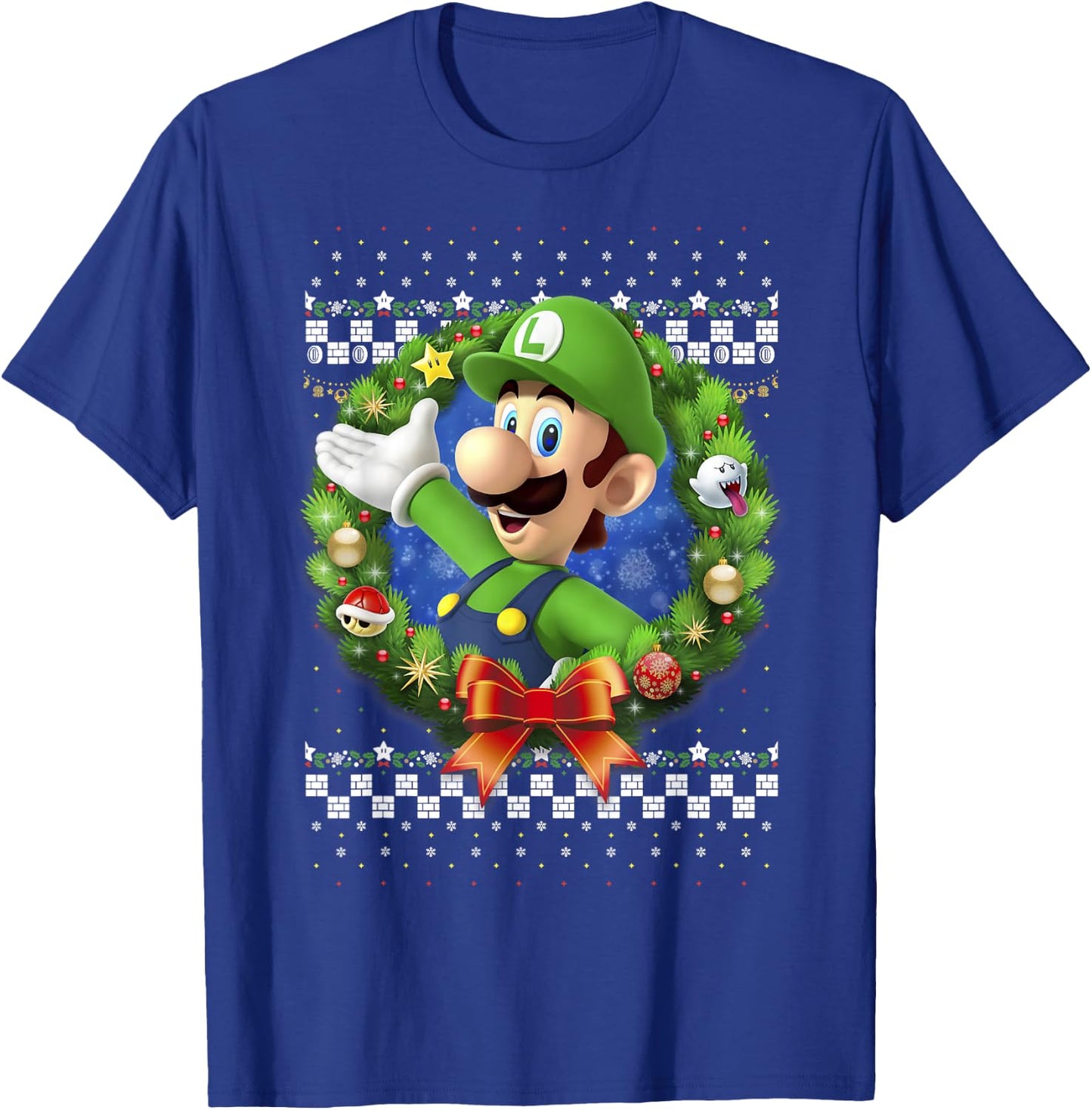 Super Mario 3D Luigi Christmas Wreath Graphic T-Shirt - T-Shirt | Royal