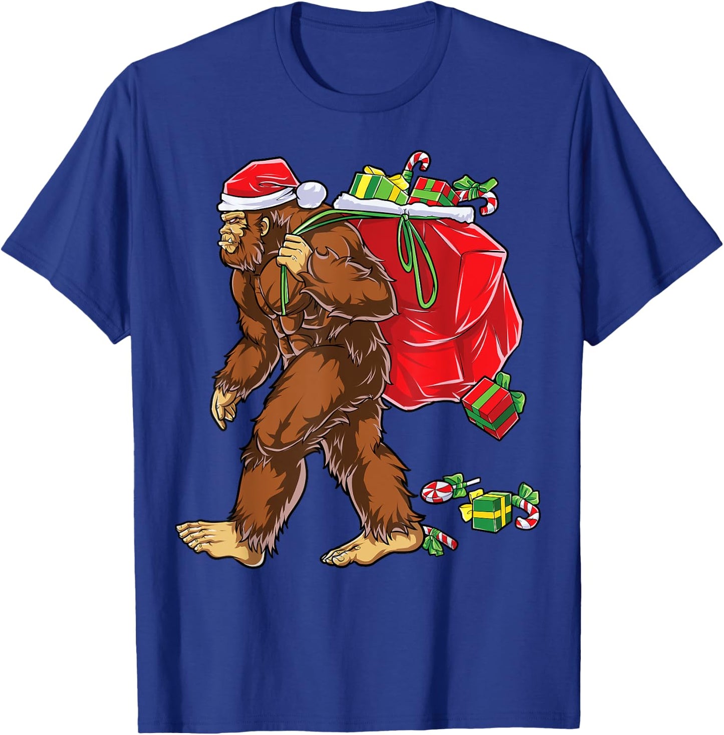 Bigfoot Santa Carrying Christmas Bag Xmas Hat Sasquatch Men T-Shirt - T-Shirt | Royal
