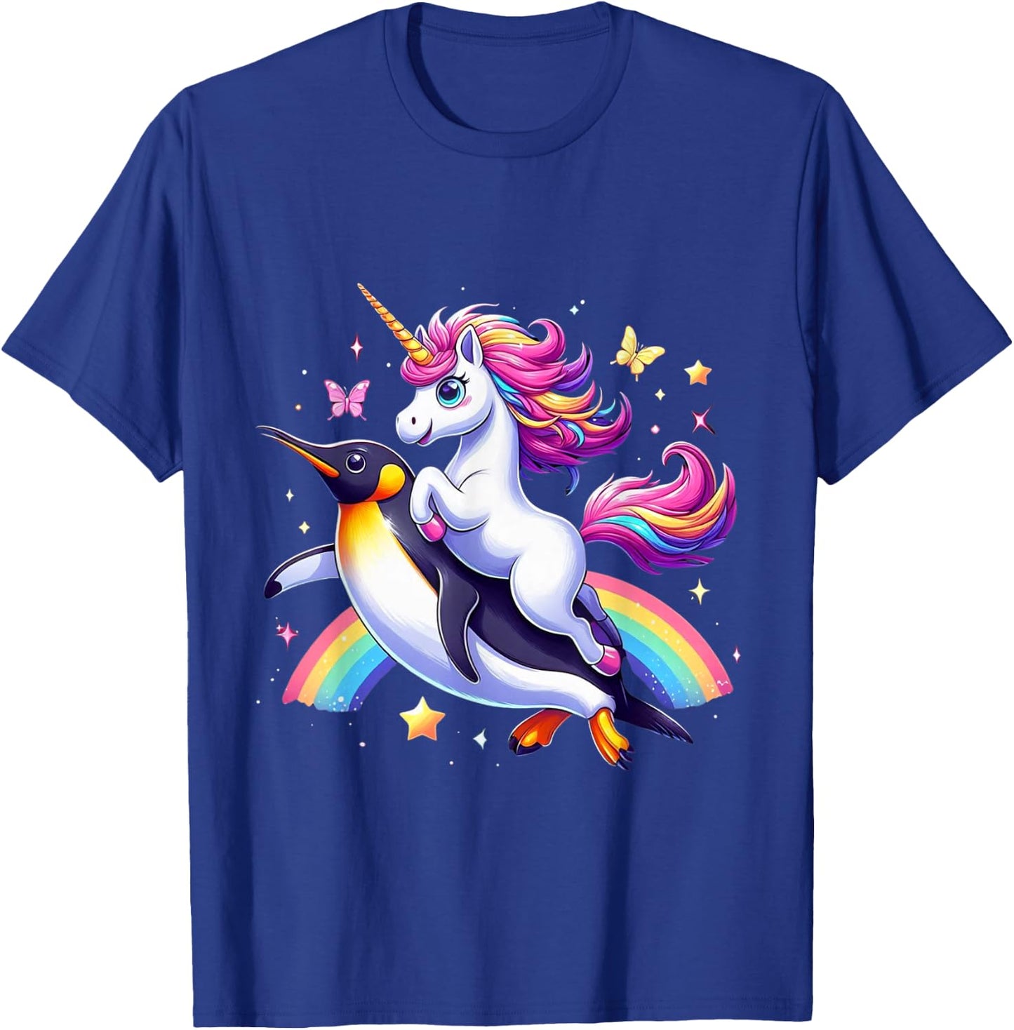 Unicorn Riding Penguin Boys Girls Men Women Kids Rainbow T-Shirt - T-Shirt | Royal