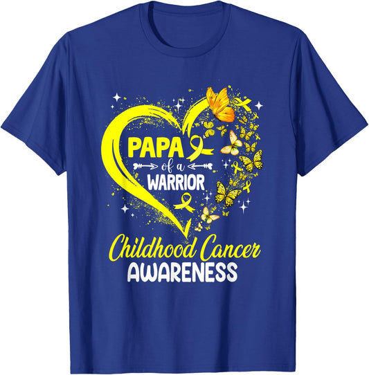 Papa Of A Warrior Gold Heart Childhood Cancer Awareness T-Shirt - T-Shirt | Royal