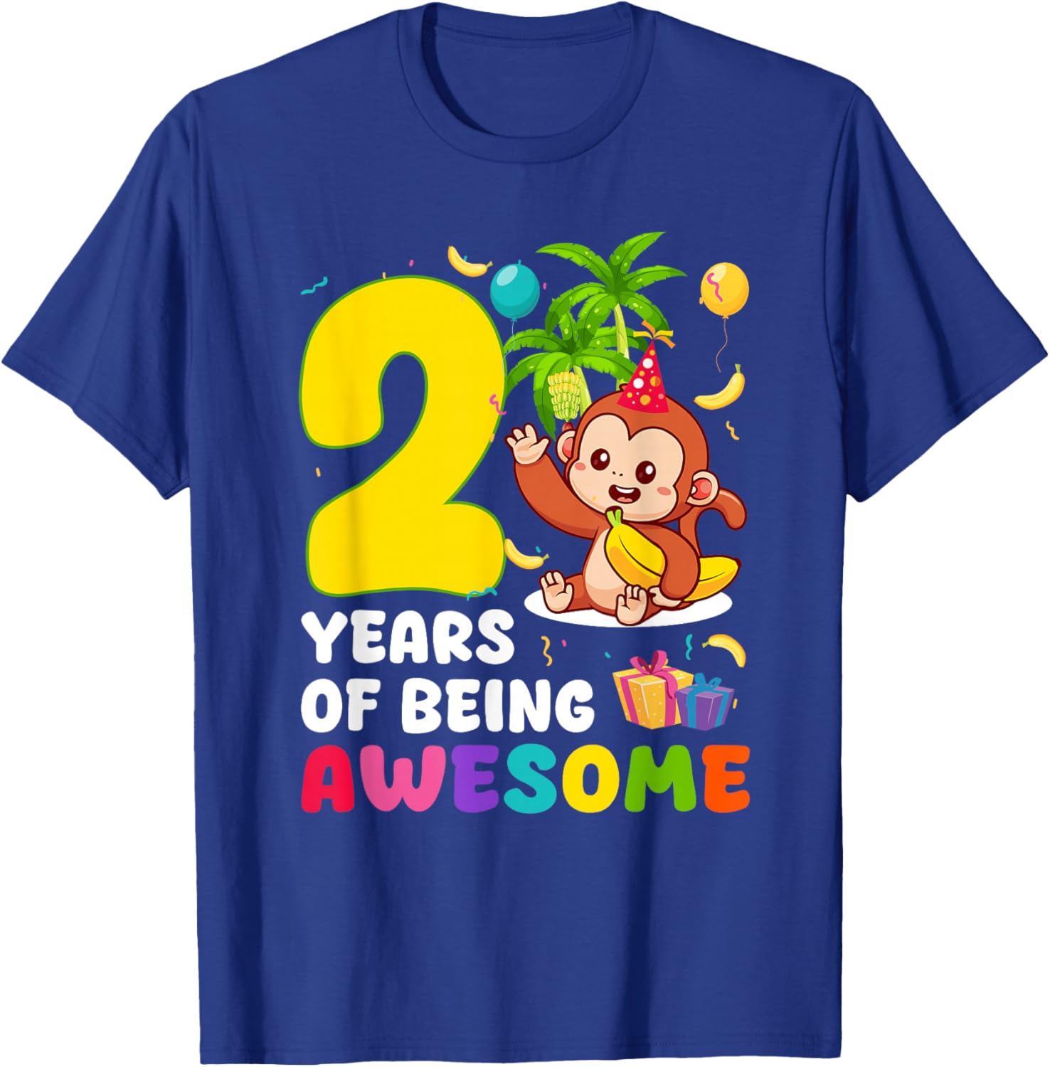 2nd Birthday Monkey Themed Party 2 Years of Being Awesome T-Shirt - T-Shirt | Royal