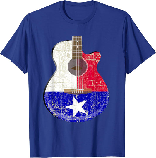 Guitar Texas Flag Distressed Acoustic Guitar Fan T Shirt T-Shirt - T-Shirt | Royal
