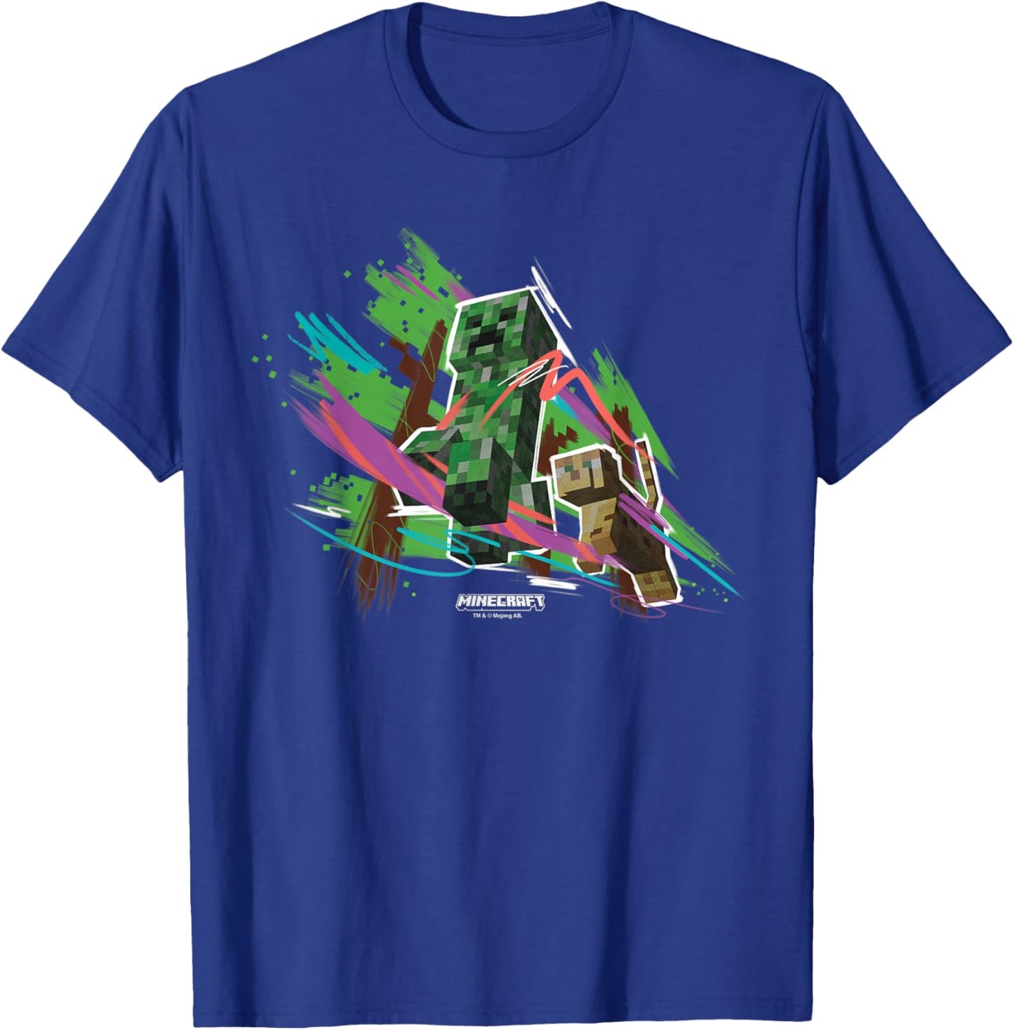 Minecraft Creeper Running from Cat Paint Brush Strokes Art T-Shirt - T-Shirt | Royal