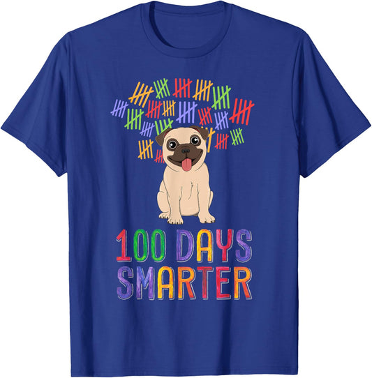 100 Days Smarter 100th Day of School Outfit Dog Lover Pug T-Shirt - T-Shirt | Royal