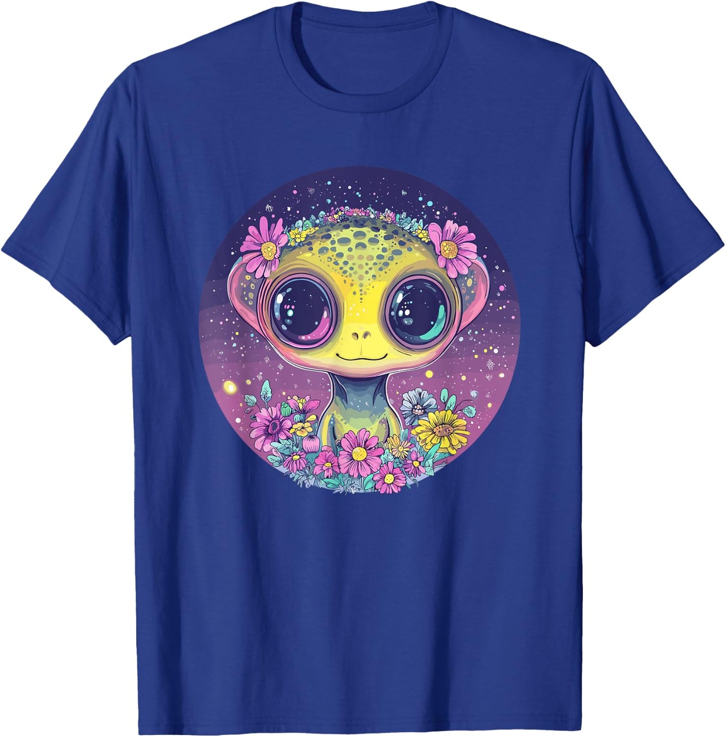 Cute Alien Surrounded By Flowers T-Shirt - T-Shirt | Royal