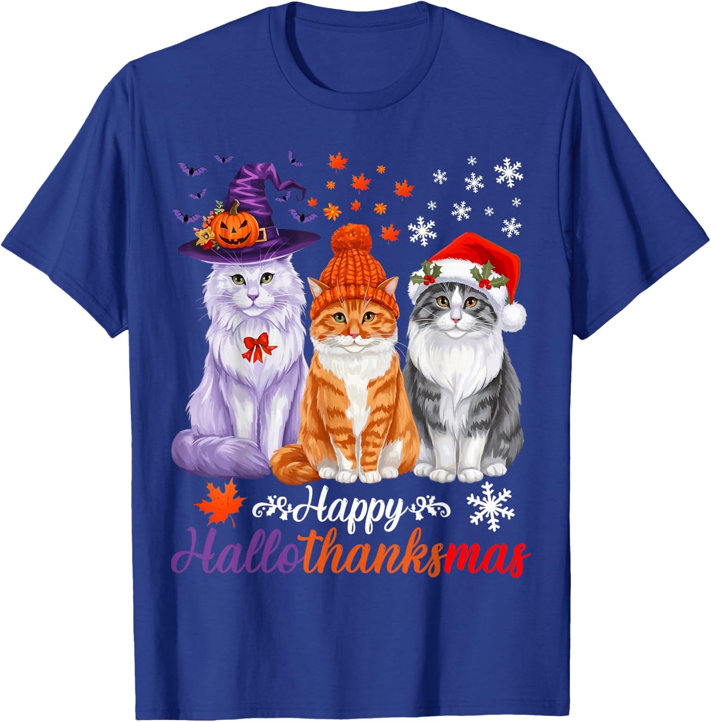 Happy HalloThanksMas Cats Halloween Thanksgiving Christmas T-Shirt - T-Shirt | Royal