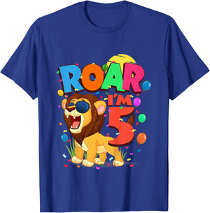 Kids 5th Birthday ROAR I'M 5 Year Old Shirt Boys Lion Safari Gift T-Shirt - T-Shirt | Royal