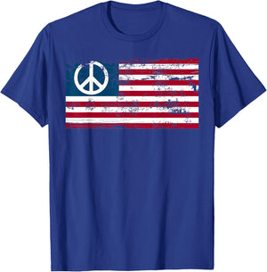 Distressed American USA Flag with Peace Sign T-Shirt - T-Shirt | Royal