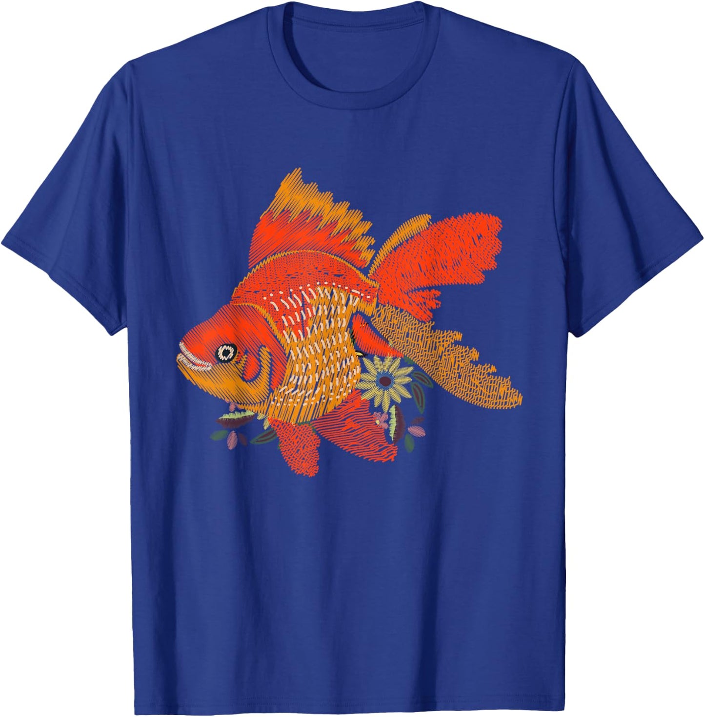 Japanese Goldfish - Vintage Floral Embroidery Look T-Shirt - T-Shirt | Royal