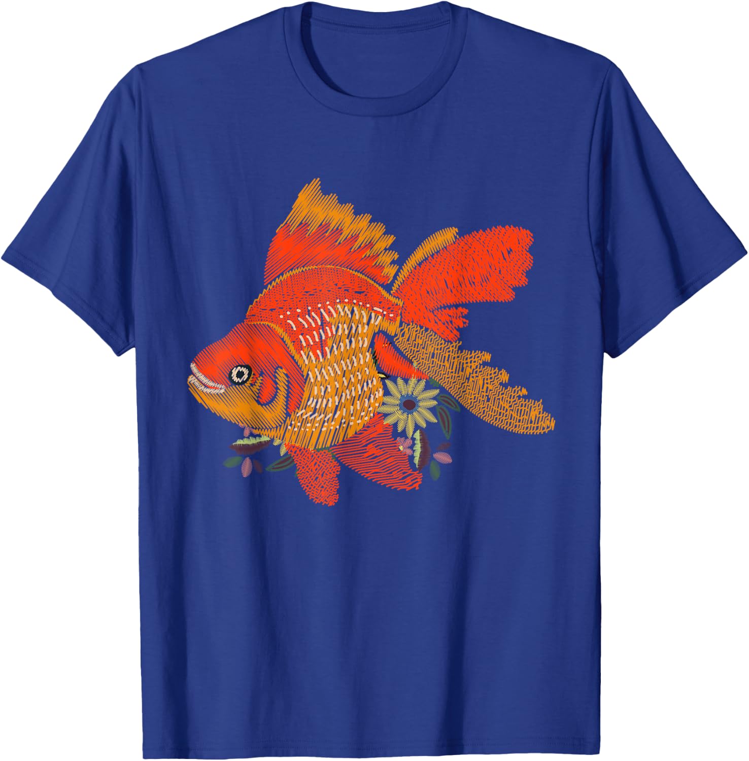 Japanese Goldfish - Vintage Floral Embroidery Look T-Shirt - T-Shirt | Royal