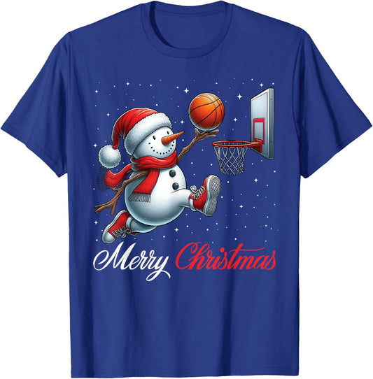 Snowman Basketball Merry Christmas Snow Boys Girls Kids T-Shirt - T-Shirt | Royal