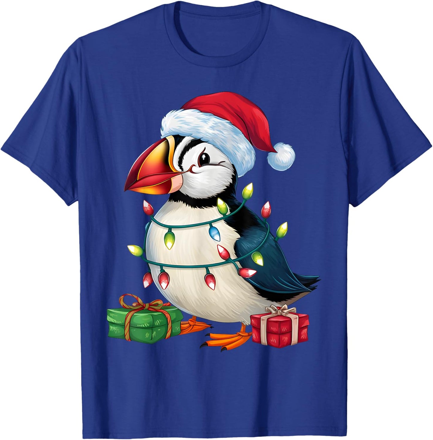 Puffin Bird Lover Xmas Lighting Santa Hat Puffin Christmas T-Shirt - T-Shirt | Royal