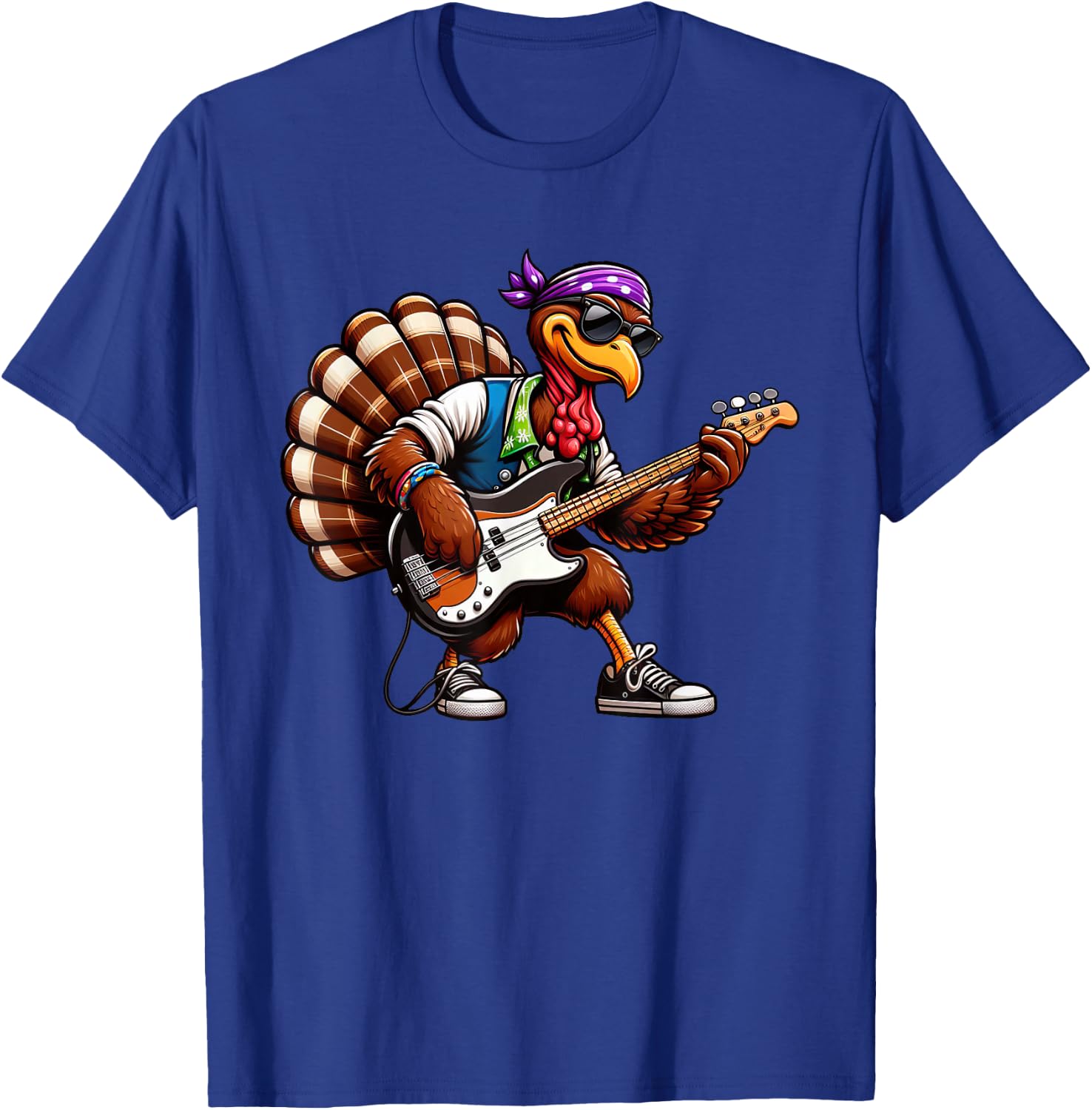 Funny Turkey Guitarist Thanksgiving Bass Guitar T-Shirt - T-Shirt | Royal