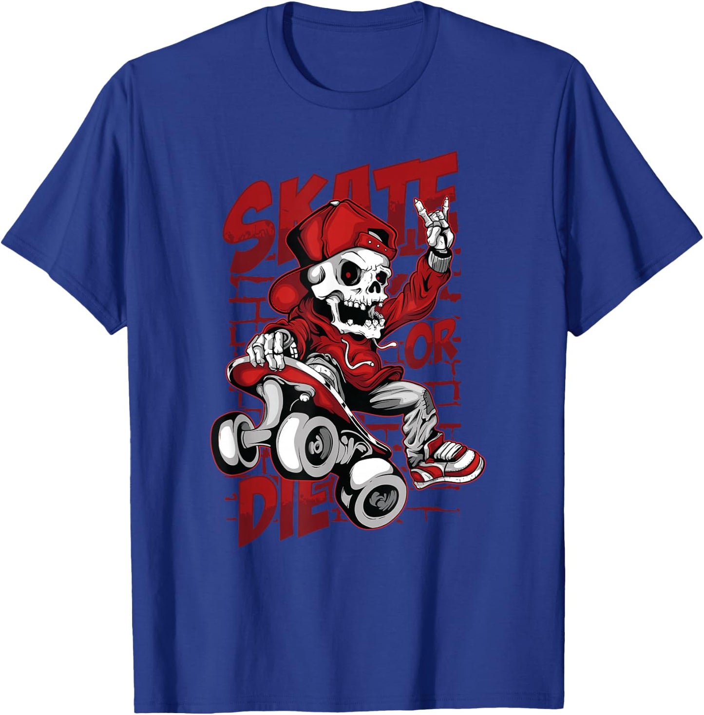 Skate or Die Skating Skeleton Skull Halloween Skateboard T-Shirt - T-Shirt | Royal