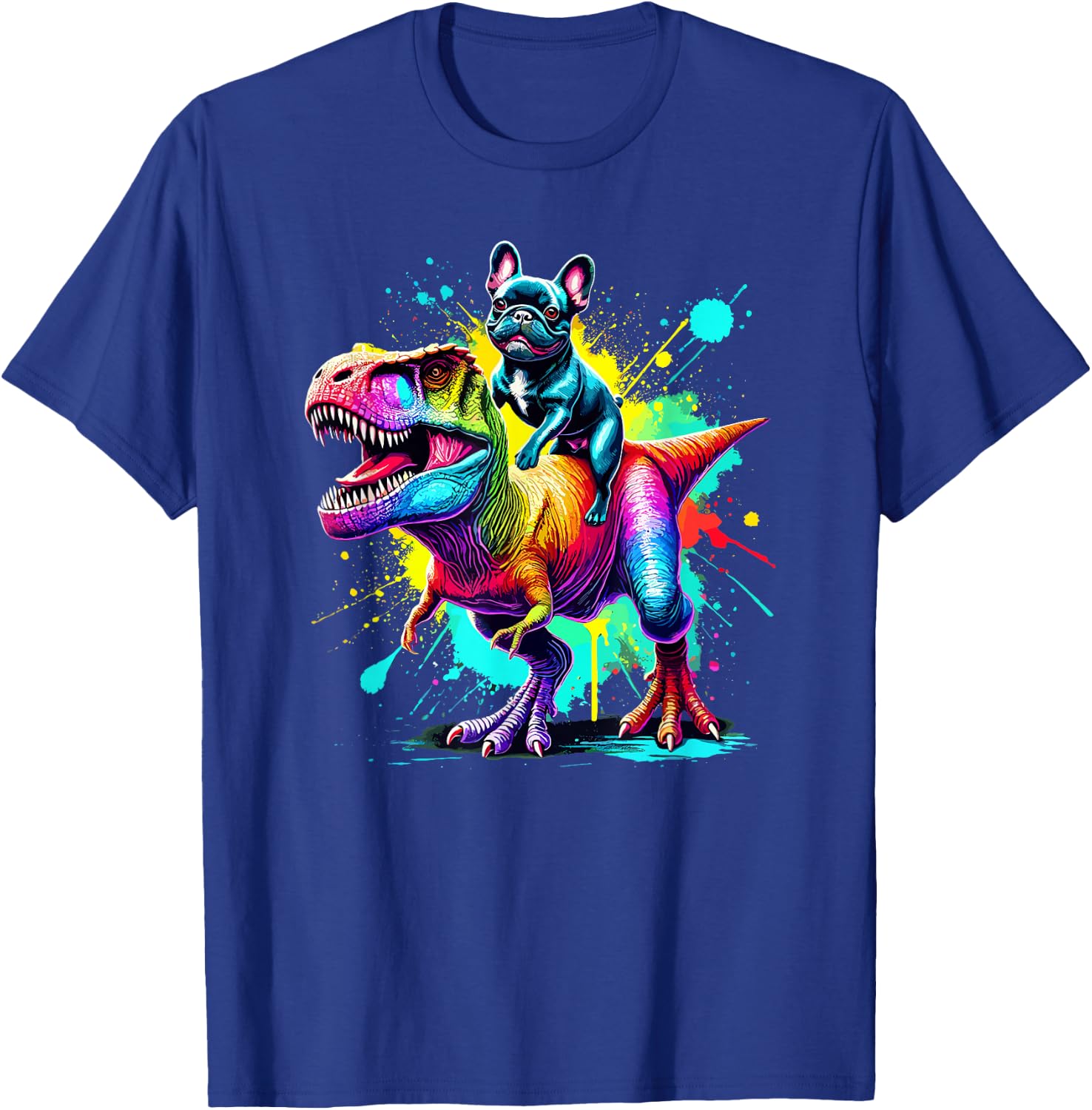 Splash Art Dinosaur T-Rex French Bulldog Frenchie T-Shirt - T-Shirt | Royal