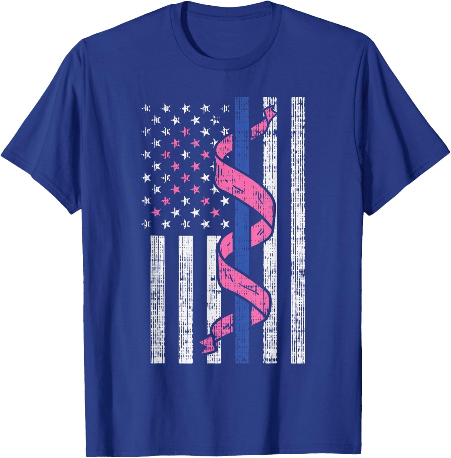 Blue Line Police US Flag Pink Ribbon Breast Cancer Awareness T-Shirt - T-Shirt | Royal