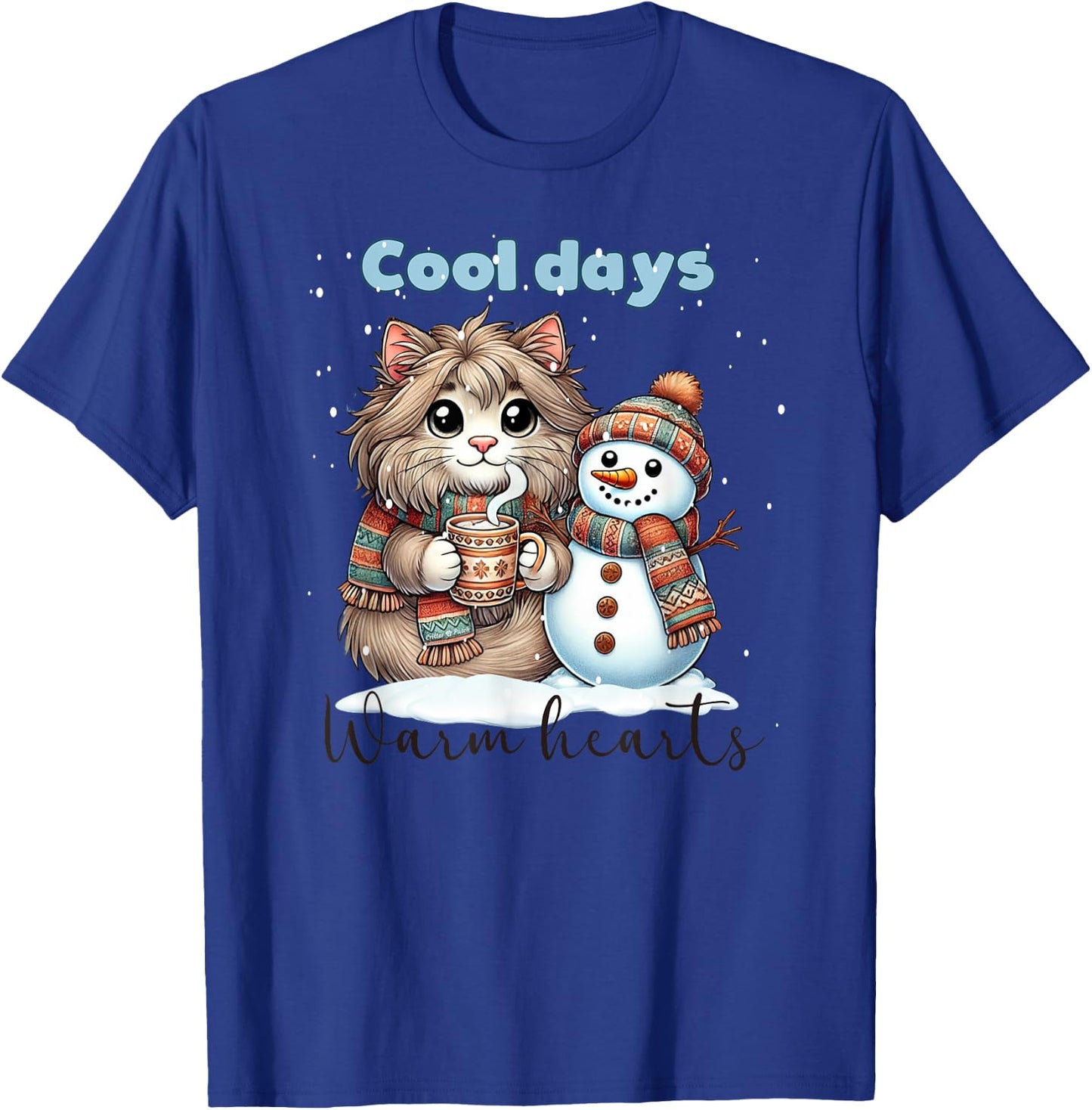 Kitty Cat and Snowman Friends Share Coffee in Winter Snow T-Shirt - T-Shirt | Royal