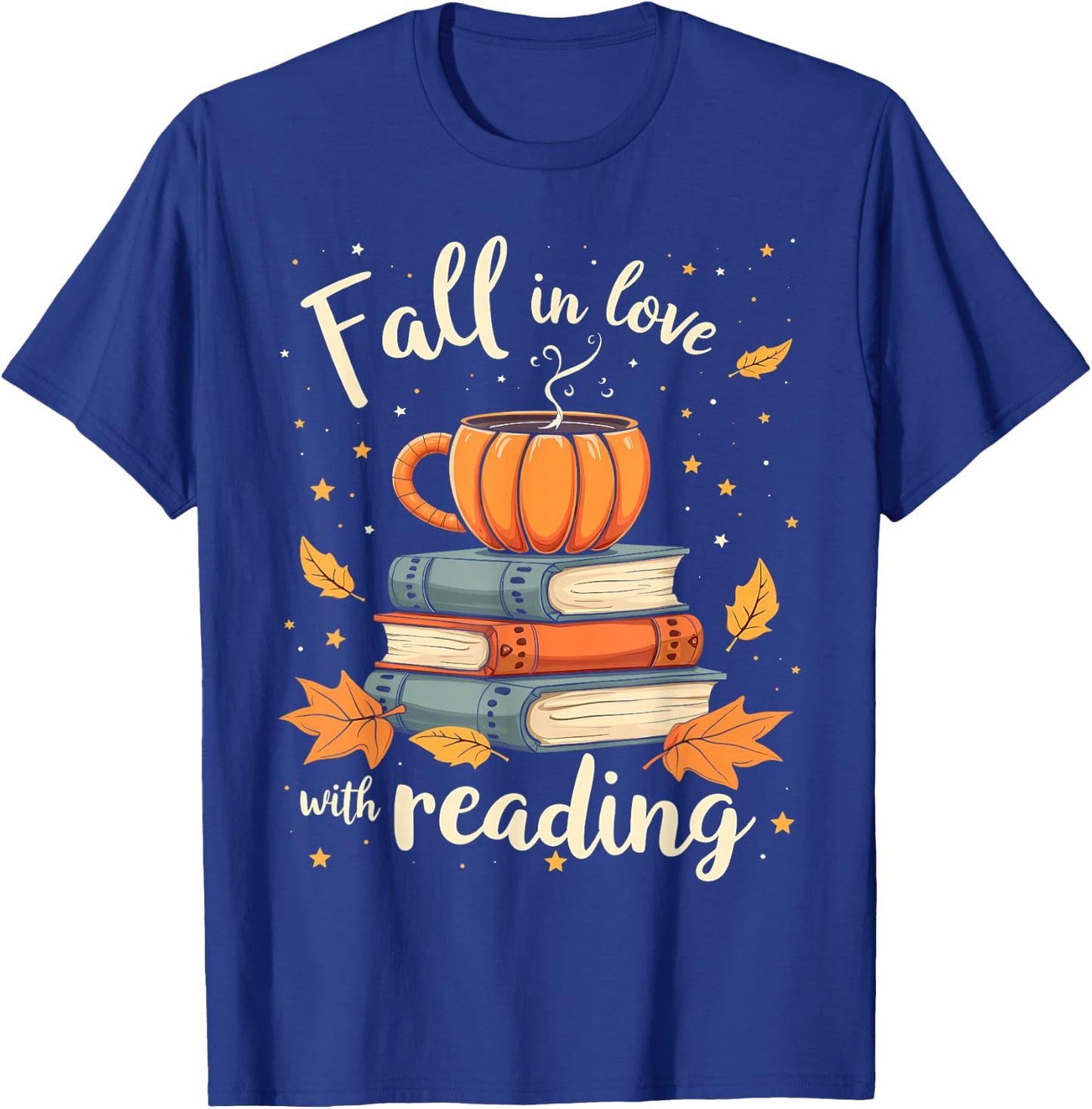 Fall In Love With Reading Book Autumn Pumpkins And Teachers T-Shirt - T-Shirt | Royal