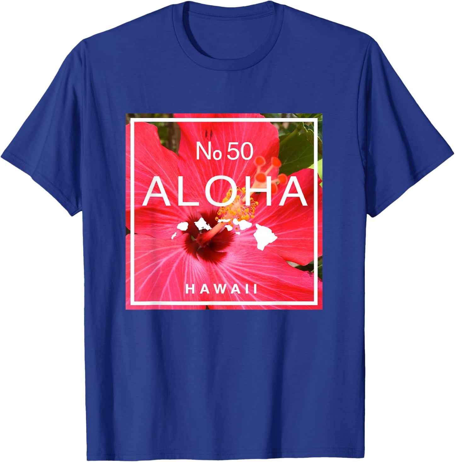 Hawaii Aloha No. 50 Red Hibiscus & Hawaiian Island Map T-Shirt - T-Shirt | Royal