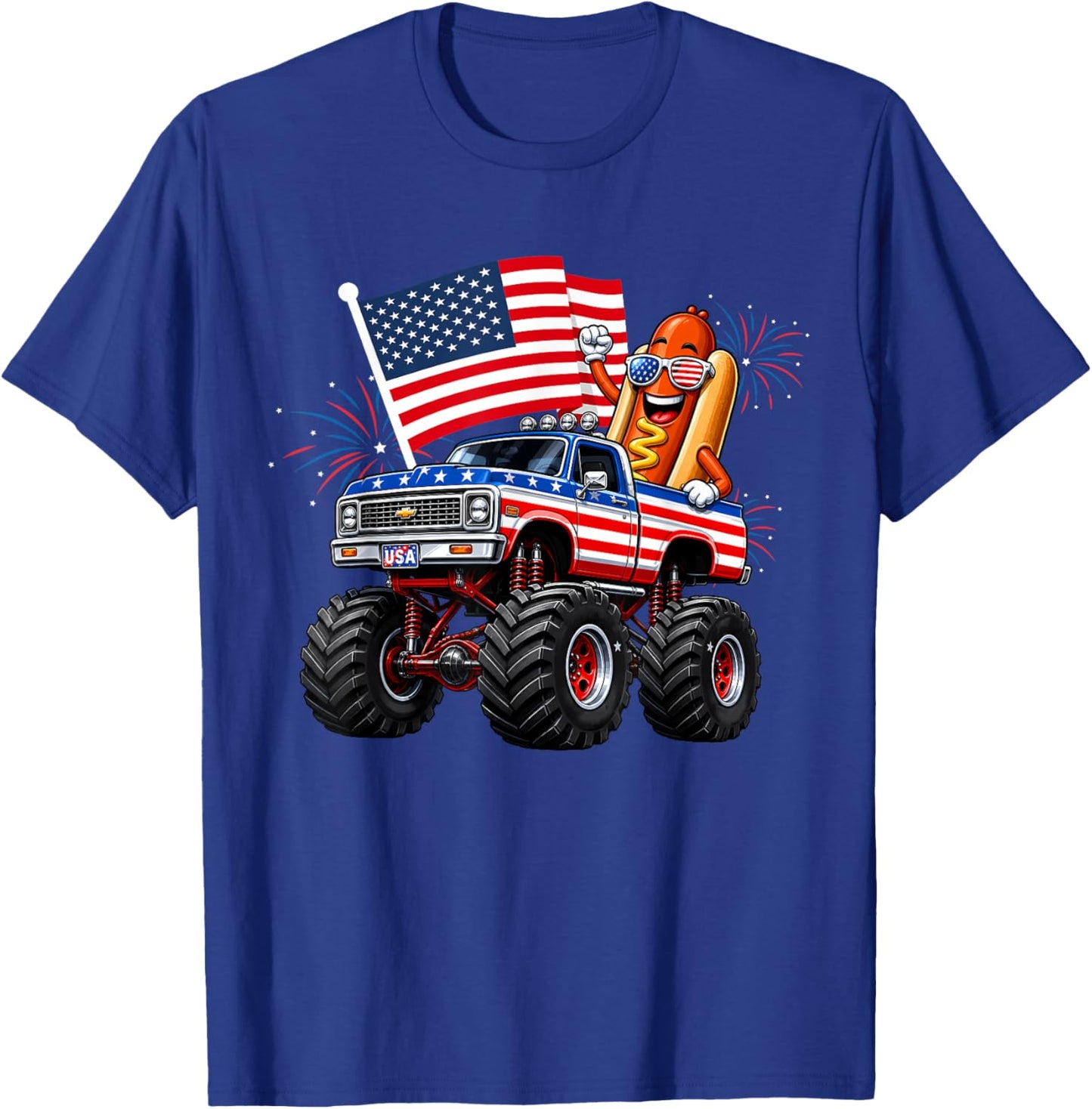 Monster Truck Hotdog 4th of July USA American Flag Men Boys T-Shirt - T-Shirt | Royal