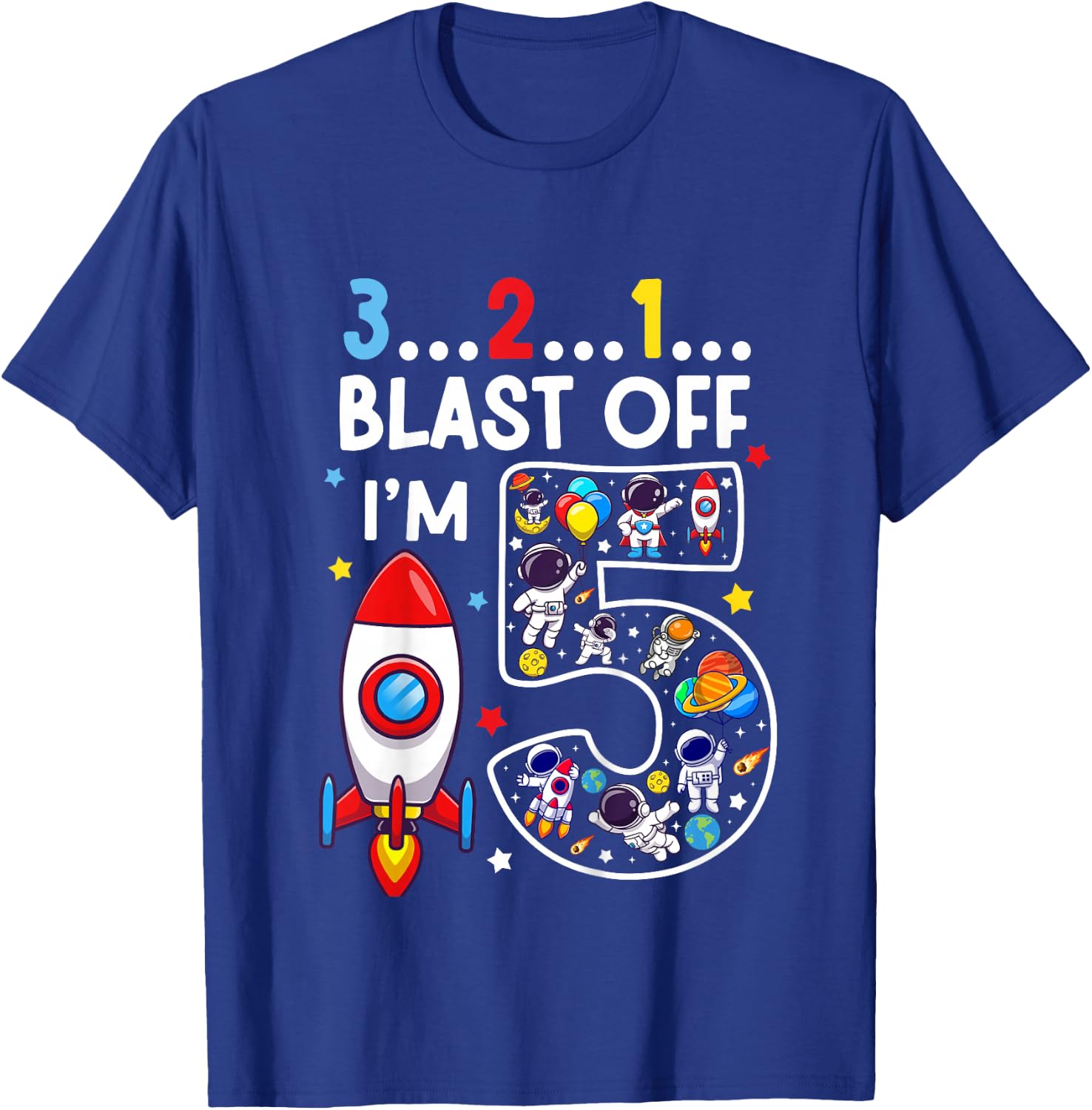 Kids 5 Year Old Astronaut Outer Space Birthday 5th Birthday Boys T-Shirt - T-Shirt | Royal