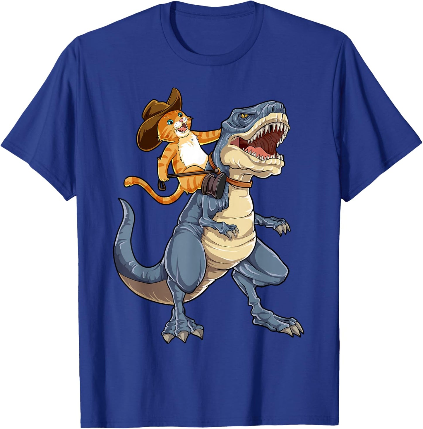Feline Pawsitive Cat Co Kids Cat Riding Dinosaur T Rex Funny Purrassic Kitty Kitten Lover T-Shirt - T-Shirt | Royal