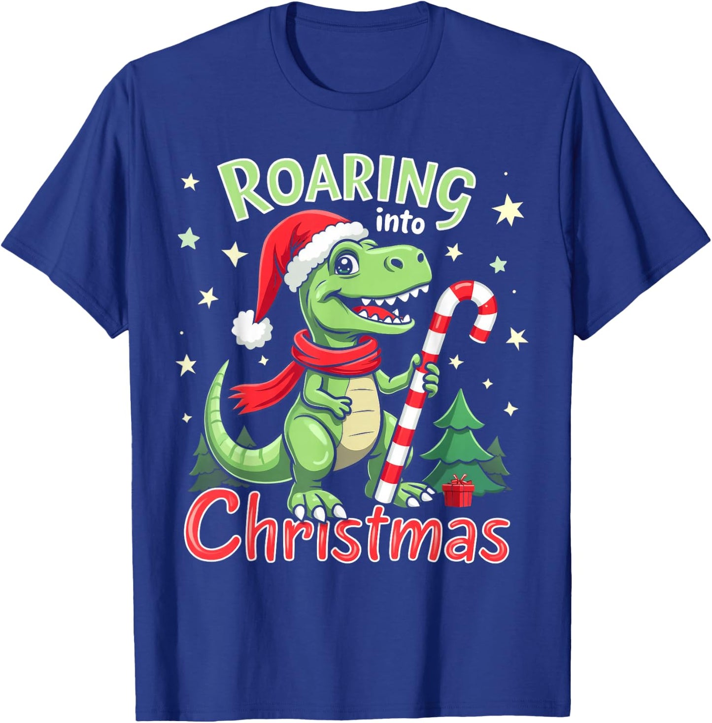 Roaring into Christmas T-Rex Santa Hat & Candy Cane Holiday T-Shirt - T-Shirt | Royal