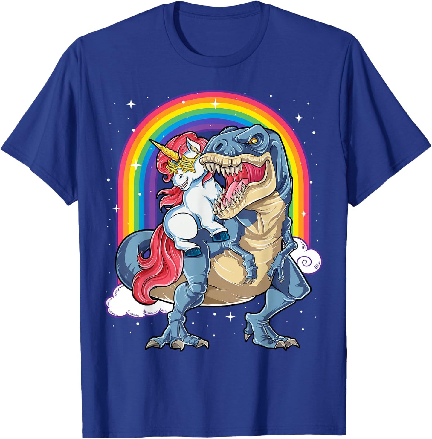 Unicorn Riding T rex Dinosaur Boys Girls Men Women Rainbow T-Shirt - T-Shirt | Royal