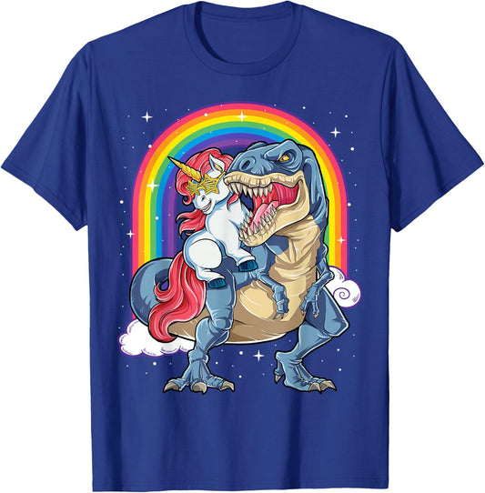 Unicorn Riding T rex Dinosaur Boys Girls Men Women Rainbow T-Shirt - T-Shirt | Royal