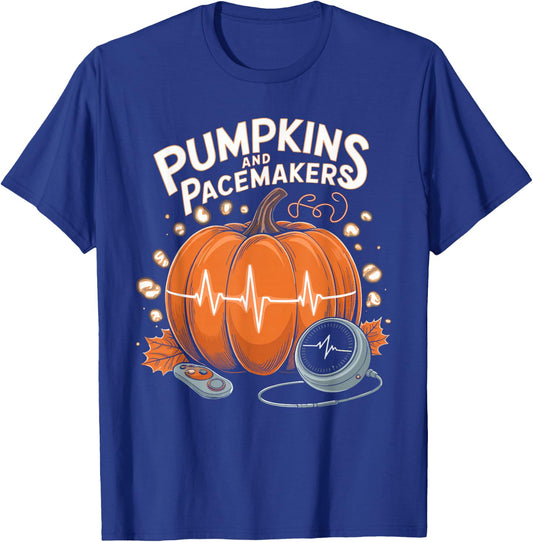 Pumpkins and Pacemakers Halloween Cardiology T-Shirt - T-Shirt | Royal