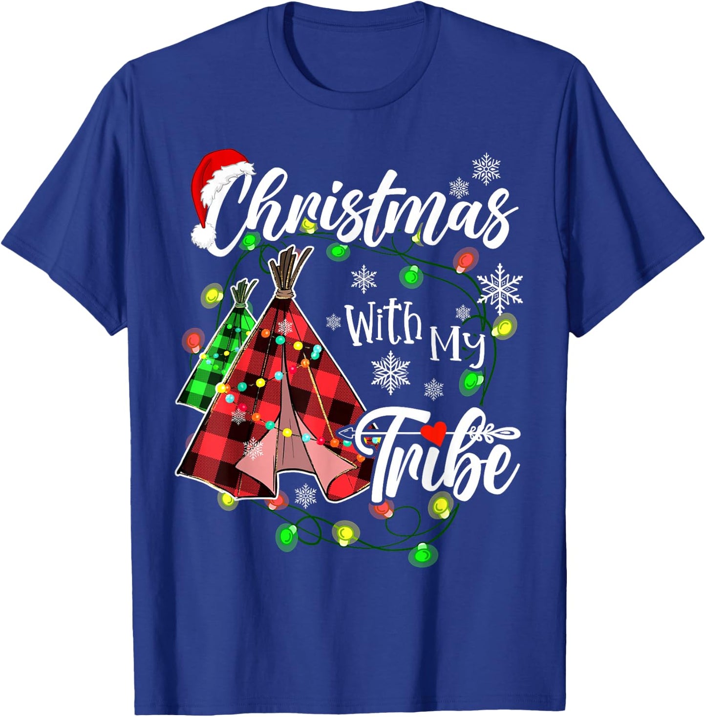 Christmas With My Tribe Family Plaid Pajamas Xmas Lights T-Shirt - T-Shirt | Royal