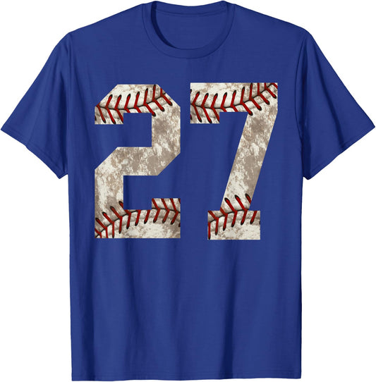 Baseball Player Jersey Number 27 Vintage Distressed Gift T-Shirt - T-Shirt | Royal