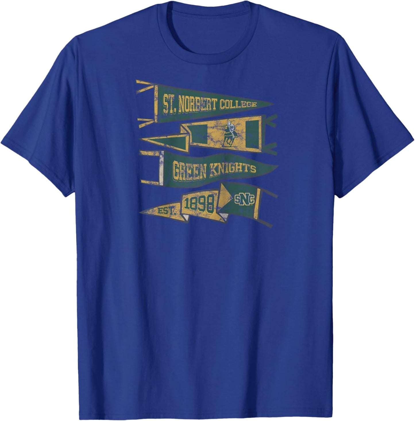 St. Norbert College Green Knights Distressed Pennants Raglan Baseball T-Shirt - T-Shirt | Royal